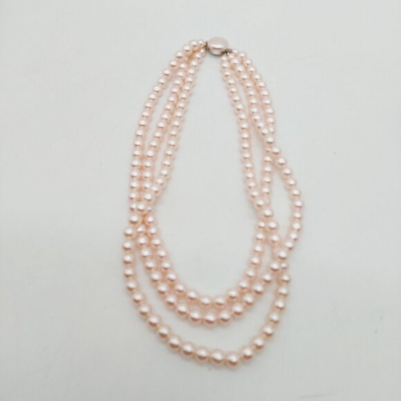 Vintage Faux Pink Pearl 3 Strand Choker Necklace 12”-14” Made In Japan - Picture 4 of 6